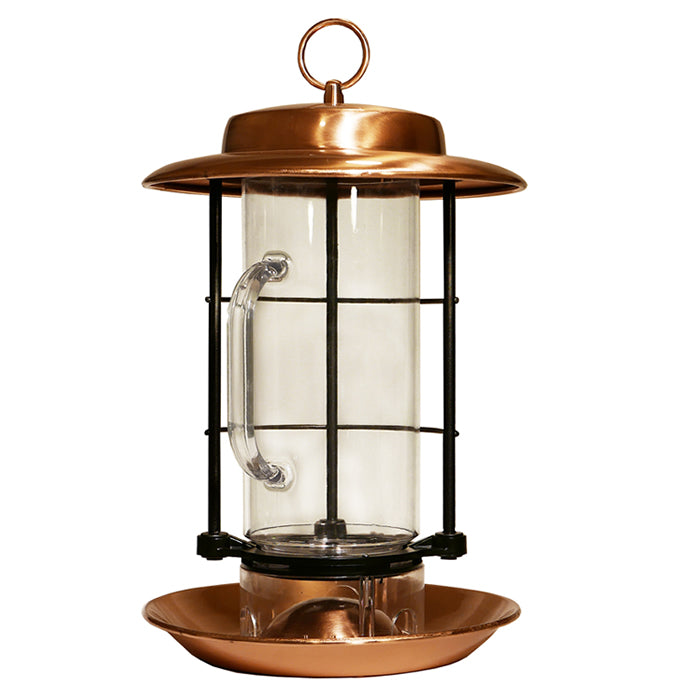 Close-up of the Metal Combination Hopper & Seed Scoop Feeder, showcasing its clearview seed reservoir and vibrant copper finish, designed for easy filling and bird feeding.