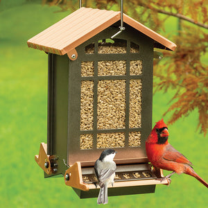 Chateau Mini Absolute® Squirrel Resistant Feeder with a red cardinal perched, featuring two feeding trays, weight-activated perches, clear windows, and a lockable roof.