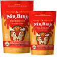 Mr. Bird Flaming Hot Feast Wild Bird Seed, 2 or 4-lb bag, featuring sunflower hearts, peanuts, golden safflower, mealworms, and capsaicin, with a cartoon squirrel and corn on the packaging.