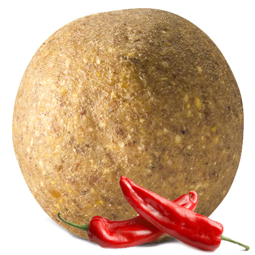 Hot Pepper Suet Balls attract birds with high-energy suet containing chili peppers to repel squirrels, visible as round, brown balls with red pepper bits.