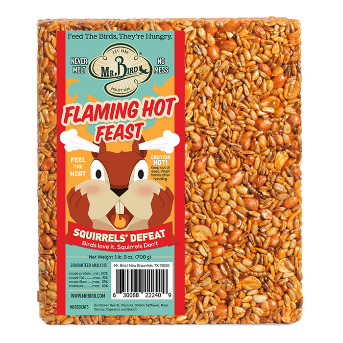 Flaming Hot Feast Block Large: A square seed block featuring sunflower hearts, peanuts, safflower, mealworms, and capsaicin, with a squirrel illustration on the packaging. Ideal for bird feeding.