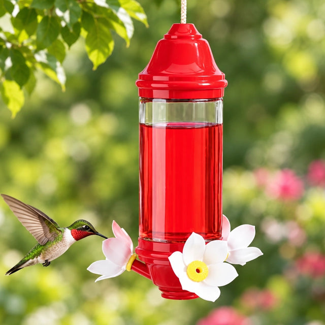 Crystal Lantern hummingbird feeder with clear glass nectar reservoir, decorative red top and base, and three flower feeding ports.