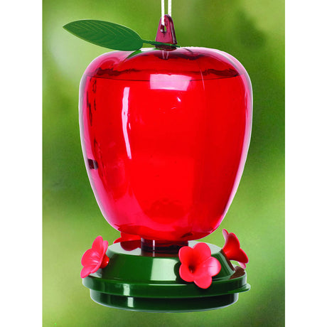 40 oz. Plastic Apple Hummingbird Feeder featuring red flower-shaped feeding ports and a translucent red apple design with a black lid for easy nectar monitoring.