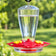 Red and clear plastic hummingbird feeder with 20 oz. nectar reservoir, three flower feeding ports, and circular perches.