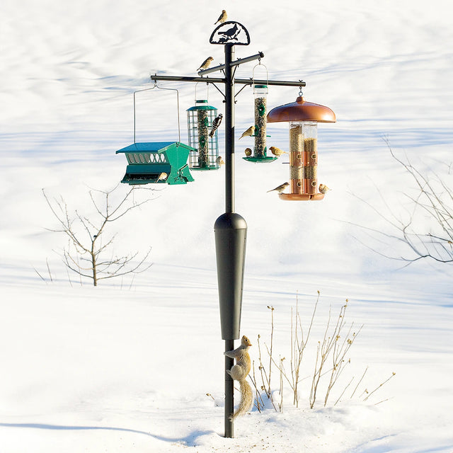 Squirrel Stopper System: A squirrel-proof pole with multiple bird feeders in the snow, featuring a floating baffle and decorative cardinal accent.