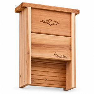 Cedar bat house with an engraved bat design and extended landing board on a white background.