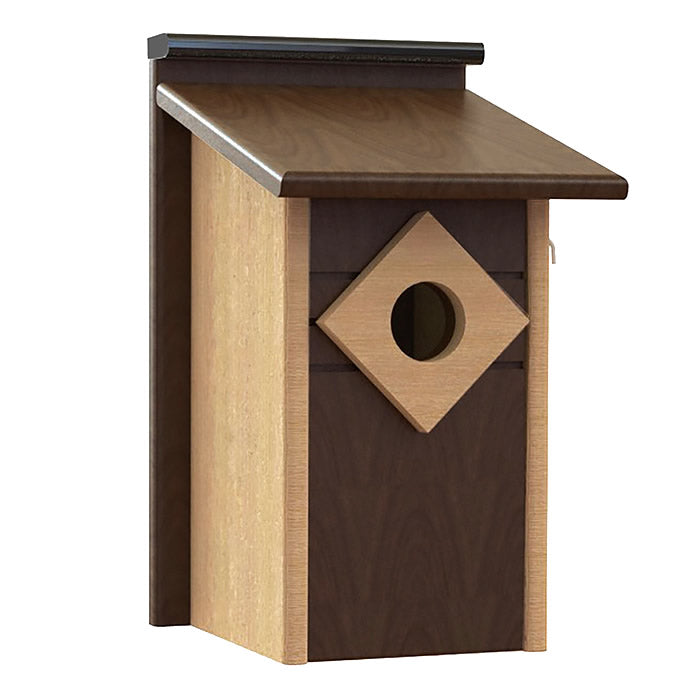 Going Green® Contemporary Bluebird House: wooden design with 1-1/2 inch entry hole and predator guard, pre-drilled holes, and front panel for easy cleaning.