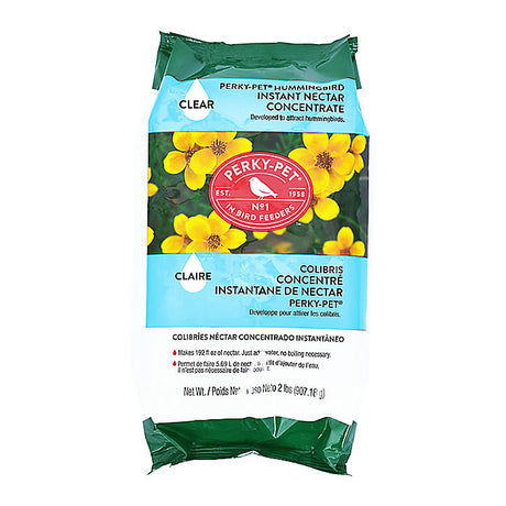 Instant Clear Hummingbird Nectar in a 2 lb. bag, featuring easy-to-mix powdered concentrate for attracting hummingbirds, visible on a white background.