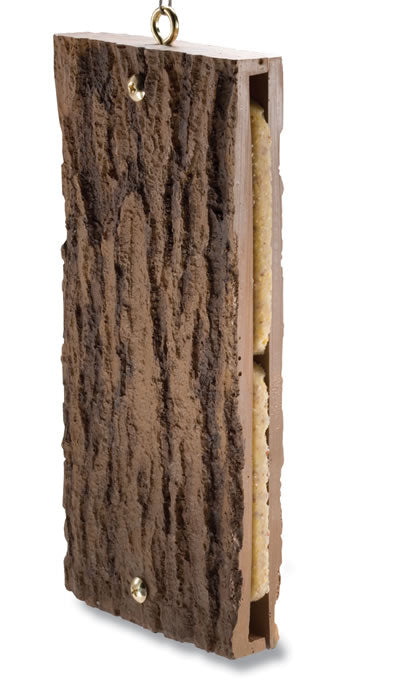 BirdsChoice Suet Sandwich Feeder, resembling a chocolate ice cream sandwich, designed for woodpeckers with realistic bark texture and durable resin material for easy cleaning and filling.