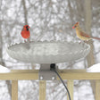 Scalloped Deck Mount Bath with two birds on the heated basin, providing ice-free water in winter. Classic stone look, lightweight thermoplastic, fits deck railings.