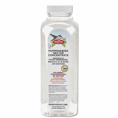 Clear Nectar Concentrate 16 oz. Bottle for hummingbirds, easy-to-use, 100% sucrose formula, dye-free, and makes 64 oz. of nectar.