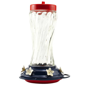 Patriotic Swirl Hummingbird Feeder with a red lid, transparent swirled glass design, and multiple feeding ports. Includes an S-hook for hanging.