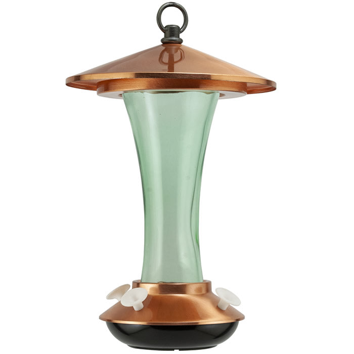 16 oz. Mid-Century Coppertop Hummingbird Feeder with a green glass tube, four feeding ports, and a copper-colored roof, hanging with an eye hook.