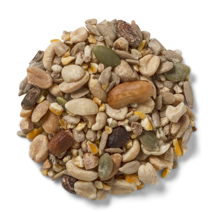 Duncraft Woodpecker Mix Wild Bird Seed, 5-lb bag; a pile of mixed nuts and seeds including peanuts, sunflower hearts, pumpkin seeds, and cranberries.