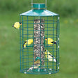 Duncraft Weather Guard bird feeder with metal fencing, protecting seeds from squirrels. Features four seed ports and a grooved metal roof, accommodating small songbirds.