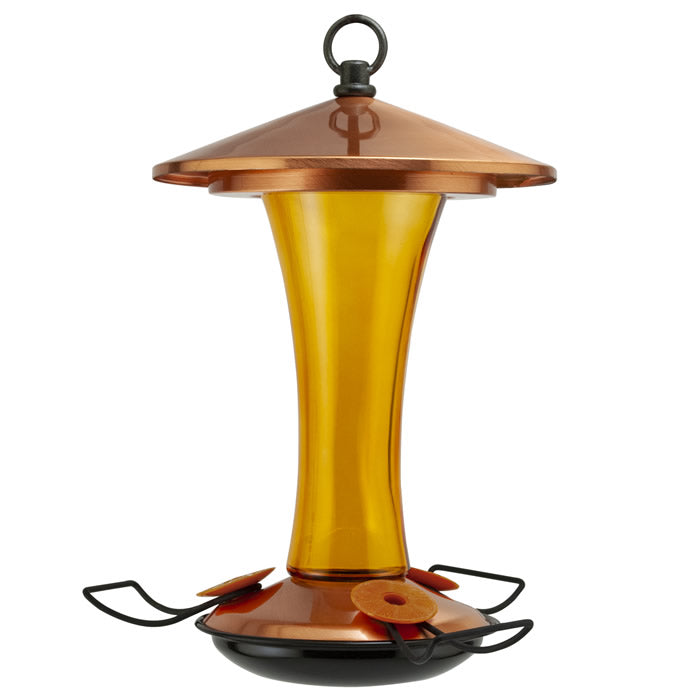 16 oz. Mid-Century Coppertop Oriole Feeder with yellow glass tube, copper metal base, and four orange-shaped feeding ports. Includes eye hook for hanging and hidden ant moat.