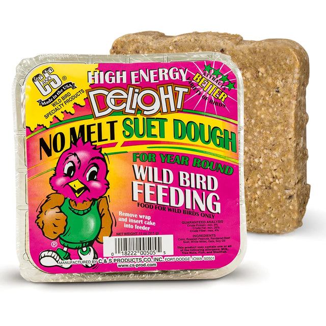 High Energy Delight No Melt Suet Dough in a foil tray with a cartoon bird label, ideal for attracting suet-eating wild birds year-round.