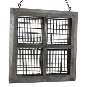 Rustic Farmhouse 4-Suet Barn Window Feeder, featuring a wooden grid with vintage handles, holds four suet cakes, and includes a sturdy chain for hanging.