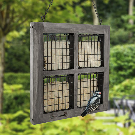 Rustic Farmhouse 4-Suet Barn Window Feeder with distressed wood, vintage perches, and sturdy chain; holds four suet cakes, attracting birds to both sides.