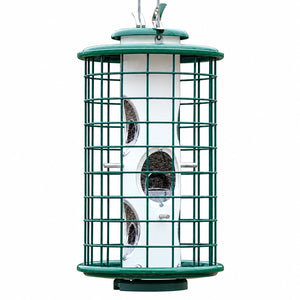 Green squirrel-resistant caged bird feeder with white seed tube, multiple feeding ports, and protective metal cage on a white background.