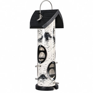 Birch bark tube bird feeder with durable black roof, chew-proof steel feeding ports, and metal perches on a white background.