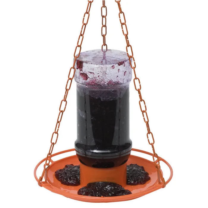 Oriole Jelly Feeder with inverted jar design, holding 32 oz. of grape jelly, featuring an internal stirrer and four feeding ports for easy bird access.