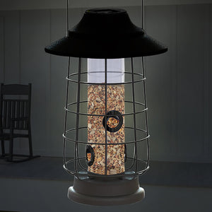 Modern Farmhouse Solar Lantern Tube Feeder, showing its cage design with seeds inside and solar light feature for nighttime illumination.