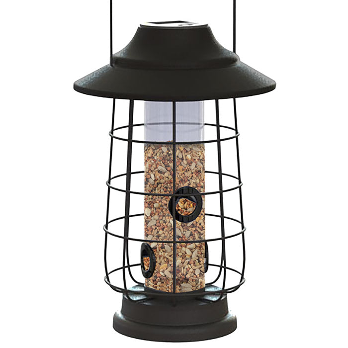 Modern Farmhouse Solar Lantern Tube Feeder: a caged bird feeder with a solar light, designed to protect seeds and illuminate at night.