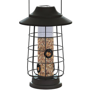 Modern Farmhouse Solar Lantern Tube Feeder: a caged bird feeder with a solar light, designed to protect seeds and illuminate at night.