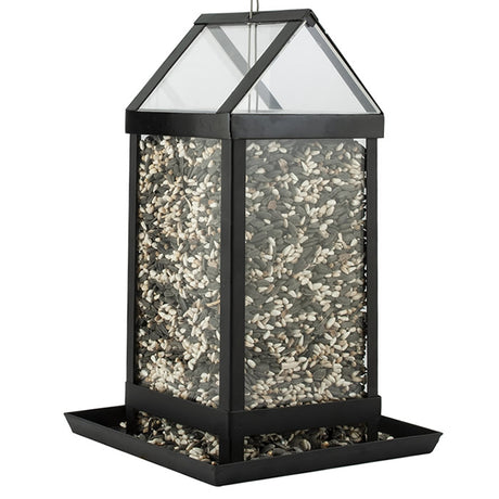 Modern Farmhouse Clear View Feeder with glass top, four feeding ports, and wide perches, featuring easy top filling and built-in drainage.