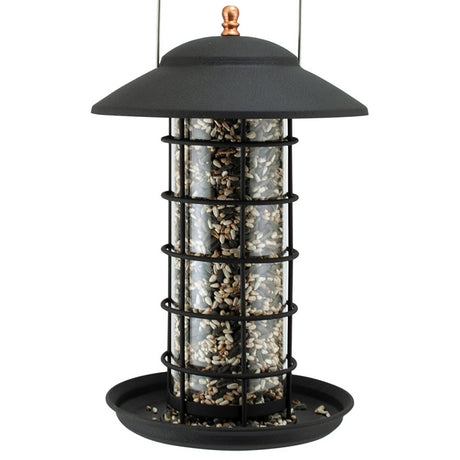 Modern Farmhouse Metal & Glass Tube Feeder with copper accent finial, clear glass tube, and wide seed tray, filled with seeds for backyard birds.