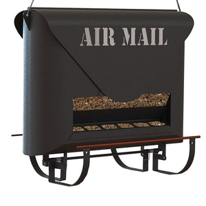 Absolute Squirrel-Resistant Air Mail Feeder with wood door, window, and AIR MAIL imprint. Features concealed seed hopper, double-sided viewing, and adjustable perch.