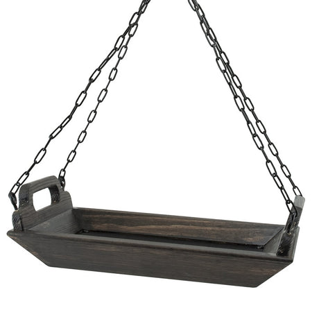 Rustic Farmhouse Barn Trough Platform Feeder, featuring a wooden swing design with chain, metal mesh bottom for drainage, and capacity for 1-1/2 pounds of bird seed.