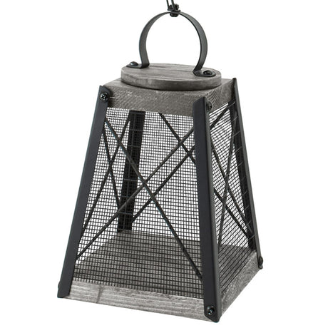 Rustic Farmhouse Wood & Mesh Nyjer® Seed Feeder, a close-up of a metal and wood lantern-style bird feeder with mesh screen and a hanging chain.