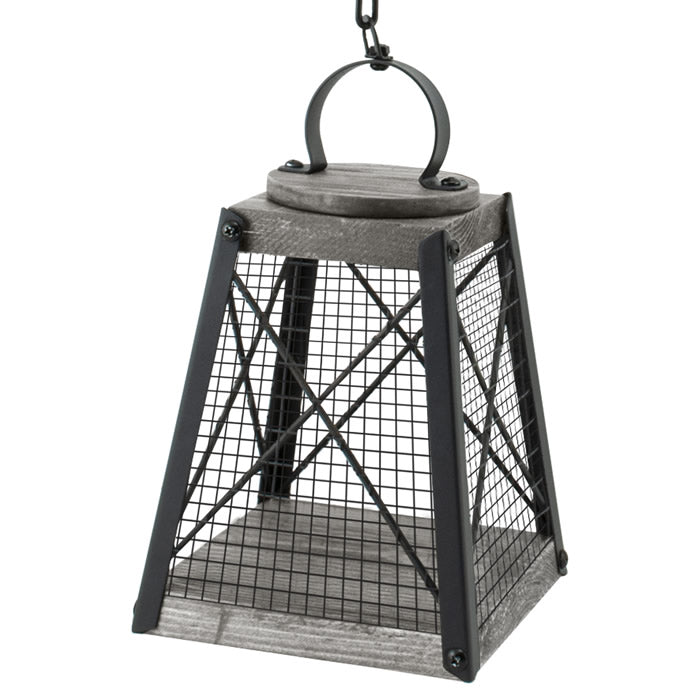 Rustic Farmhouse Wood & Mesh Sunflower Feeder featuring a wooden structure, metal mesh screen, and hanging chain, ideal for bird feeding with a rustic charm.