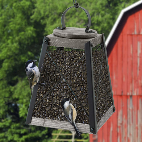 Rustic Farmhouse Wood & Mesh Sunflower Feeder with birds clinging and feeding on a metal mesh screen. Includes hanging chain, holds 1-3/4 lbs. of seed.