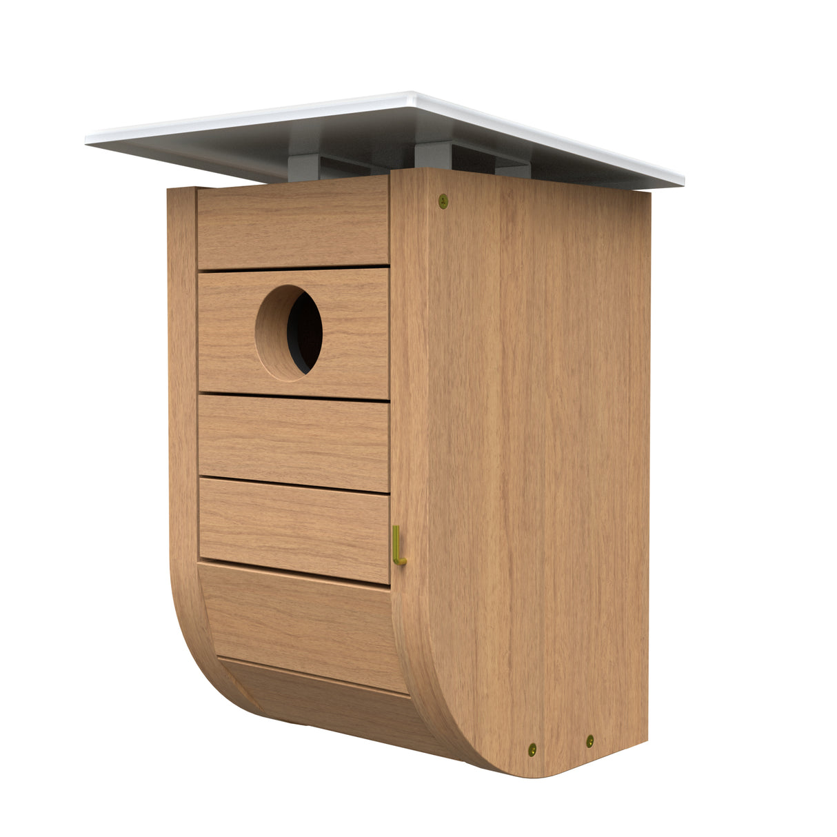 Nordic Habitat Modern Bluebird House made of eucalyptus wood with a white top, features a 1-9/16 inch entry hole and front panel for easy cleanout.