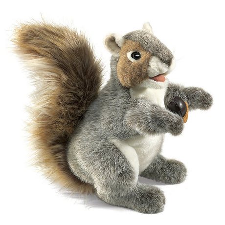 Gray Squirrel Hand Puppet with a soft, bushy tail, holding an acorn, featuring a movable head, mouth, and arms, perfect for playful, nature-themed storytelling.