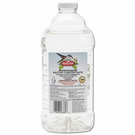 Clear Nectar Concentrate 64 oz. Bottle: A white plastic container with a label, offering a 100% sucrose formula for easy hummingbird nutrition.