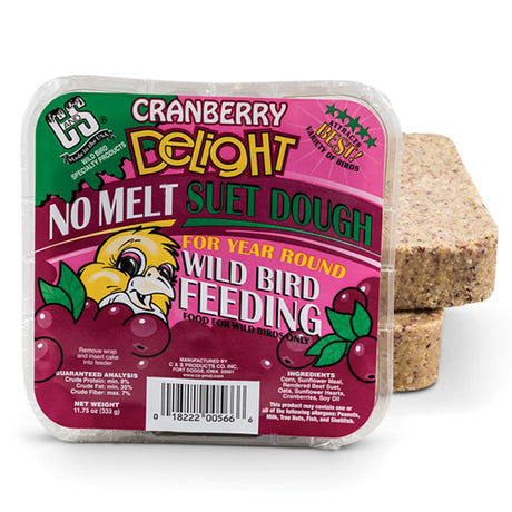 Plastic container labeled Cranberry Delight Suet Cakes, displaying a block of suet. Set of 4 or 12, ideal for attracting fruit-eating birds year-round.