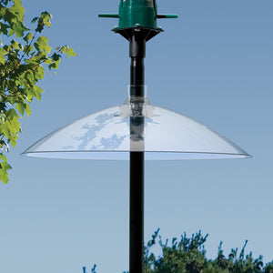 Hanging or Pole Mount Baffle - a versatile squirrel deterrent, shown on a pole, can be used for hanging or pole mounting to protect bird feeders.