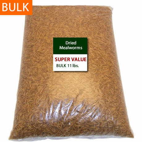 Dried Mealworms, 11 lb. Bag shown, ideal for attracting bluebirds and other insect-eating birds, offering high-protein nutrition without special storage needs.