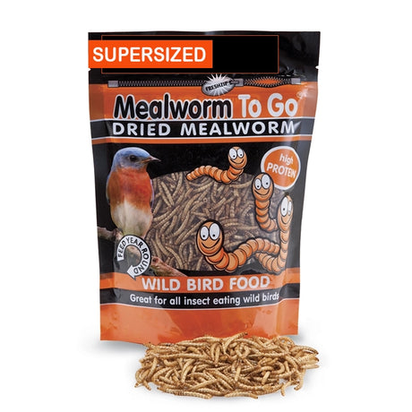 Dried Mealworms To Go, 17.64 oz. bag with bird image, ideal for all-year bird feeding, offering high-protein benefits without refrigeration needs.