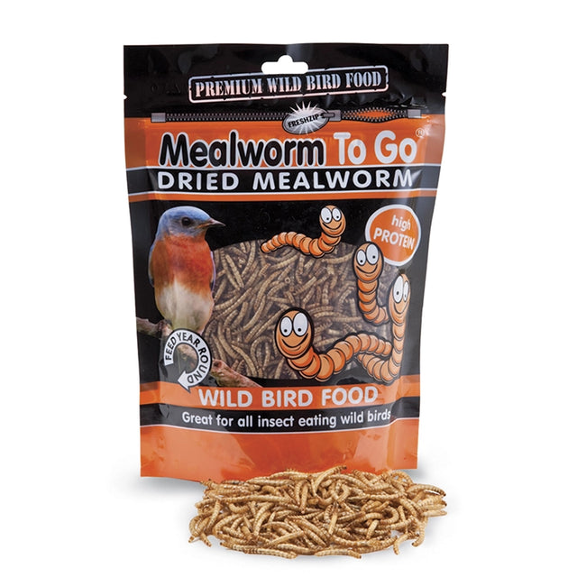 Dried Mealworms To Go bag featuring a bird, showcasing a high-protein, easy-to-store dried insect treat for attracting various birds year-round.