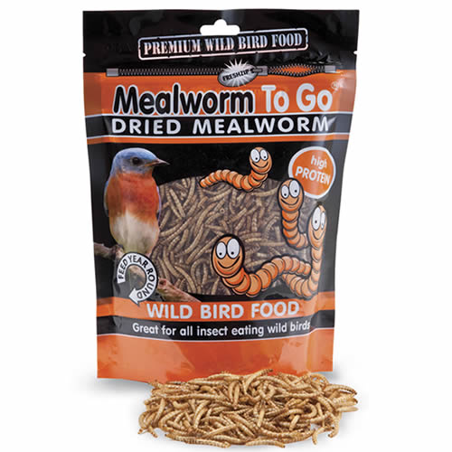 Dried Mealworms To Go: A bag of dried mealworms, convenient for year-round bird feeding, offering high-protein benefits without refrigeration. Choose from three sizes.