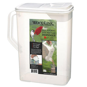 Seed Storage Container with handle, dual-pour spout, and snap-on lid, being held and used to fill a bird feeder. Holds up to 10 lbs.