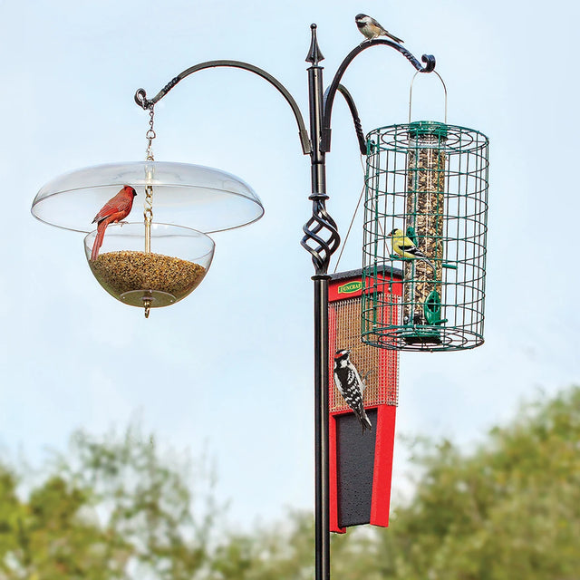 Super Tall Trio Hanger with Twister Ground Socket featuring three bird feeders on an elegant, tall post with artistic swirled arms and a sturdy base.