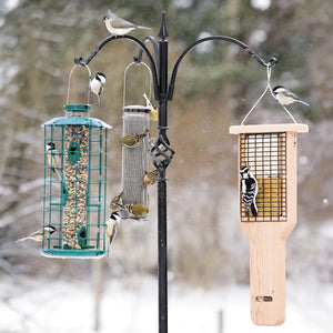 Super Tall Trio Hanger with Twister Ground Socket featuring three bird feeders on an elegant, extra tall, black steel post with artistic swirled center and twist details.