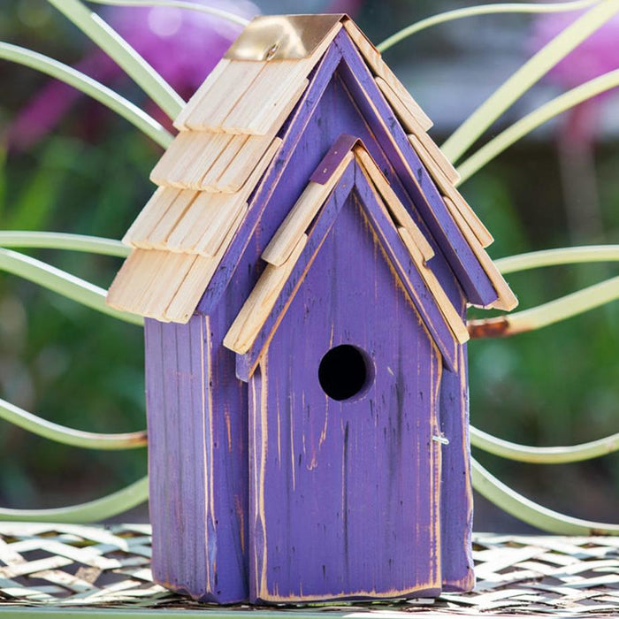 Purple Bluebird Brights birdhouse on table; features 1-1/2 inch entry hole, front panel for cleanout, stone-washed shingled roof, copper peak, and bottom-mount or back hook for hanging.