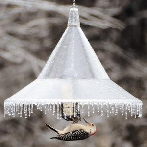 Arundale Squirrel Away Hanging Baffle protecting a bird feeder from squirrels, featuring a 17-inch diameter plexiglass shield and a 24-inch hanging chain.